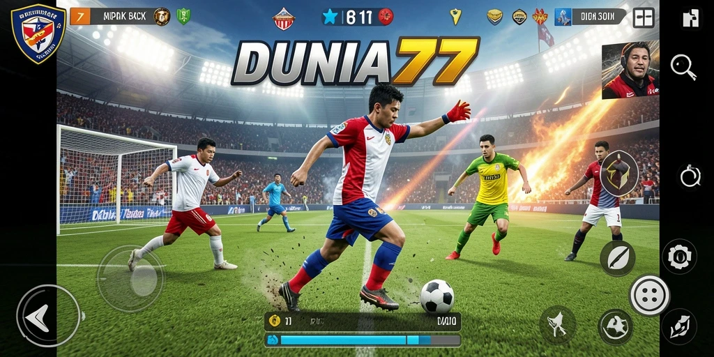 Screenshot gameplay <strong>DUNIA77</strong> dengan aksi sepak bola yang seru.