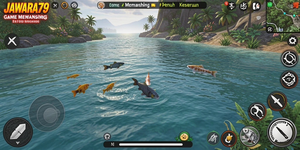 Tampilan gameplay seru dengan aksi memancing yang mendebarkan.
