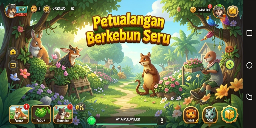 Gameplay JAYASLOT menampilkan kebun yang penuh warna dan animasi menarik.