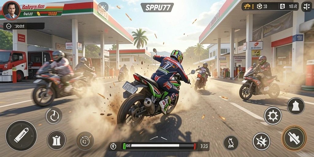 Gameplay SPBU77 yang menegangkan dalam balapan motor.
